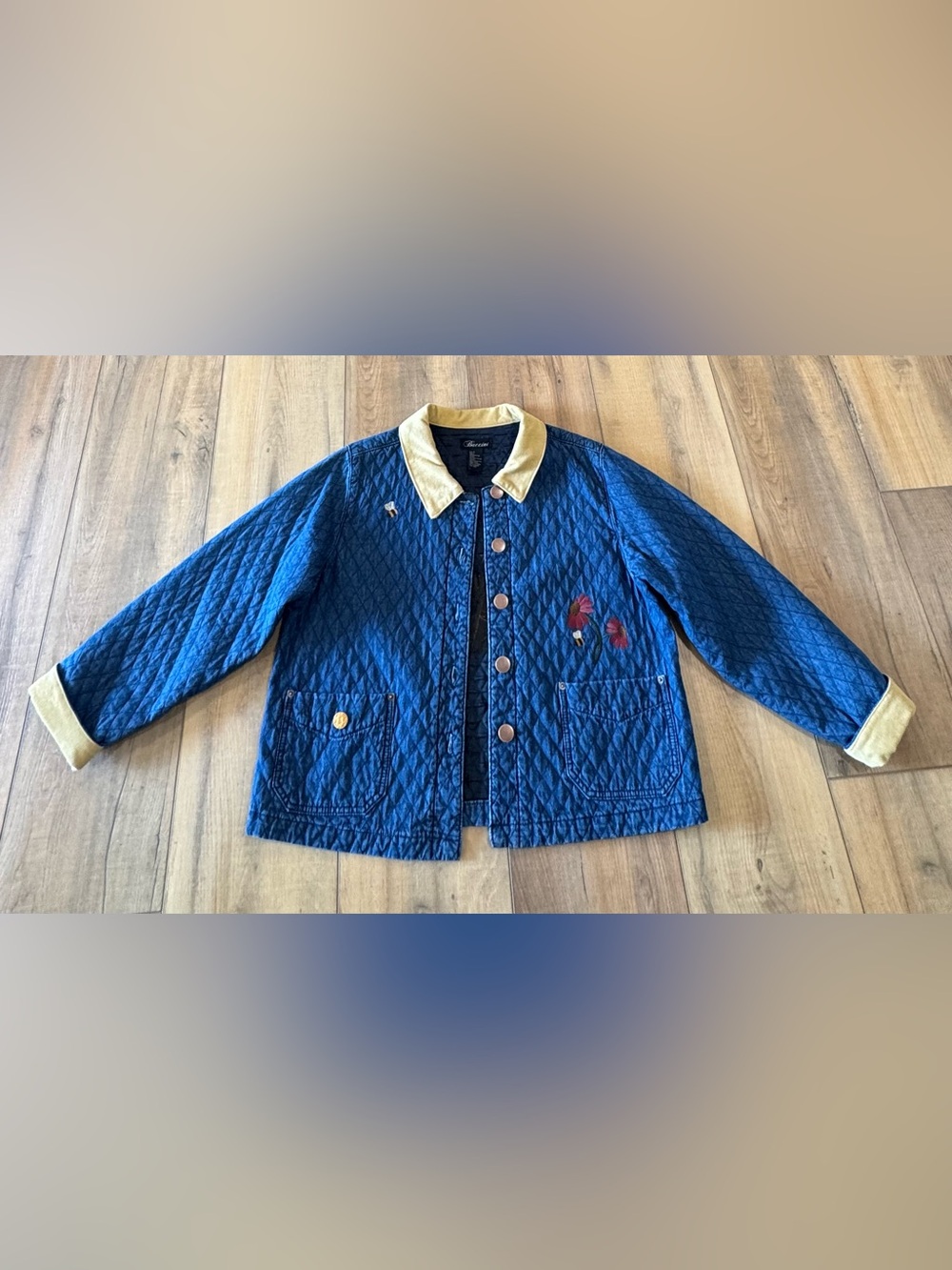Baccini Quilted Blue Jacket with Butter Yellow Corduroy Collar Fall Theme Flag